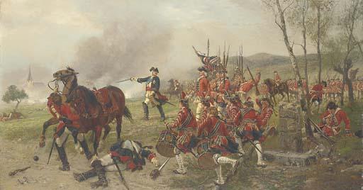 Ernest Crofts, R.A. - George II at the Battle of Dettingen. \'George dismounted, drew his sword and put himself at the head of the troops exclaiming: \