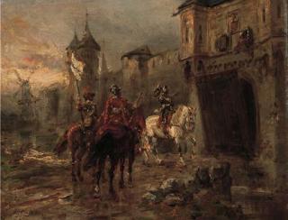 Ernest Crofts - Cavalry officers and a knight outside the castle walls