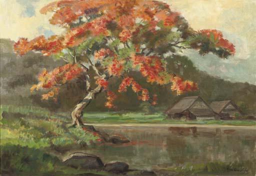 Ernest Dezentje - Landscape with blossoming flamboyant