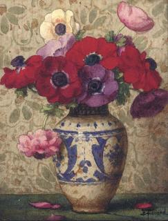 Ernest Filliard - Pansies in a blue and white vase