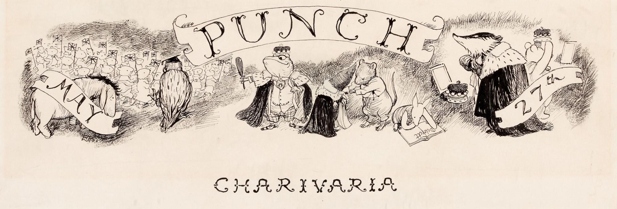 Ernest H. Shepard - Eeyore, Owl, Toad, Ratty, Piglet, Badger, and Winnie-the-Pooh preparing for the Coronation of Queen Elizabeth II