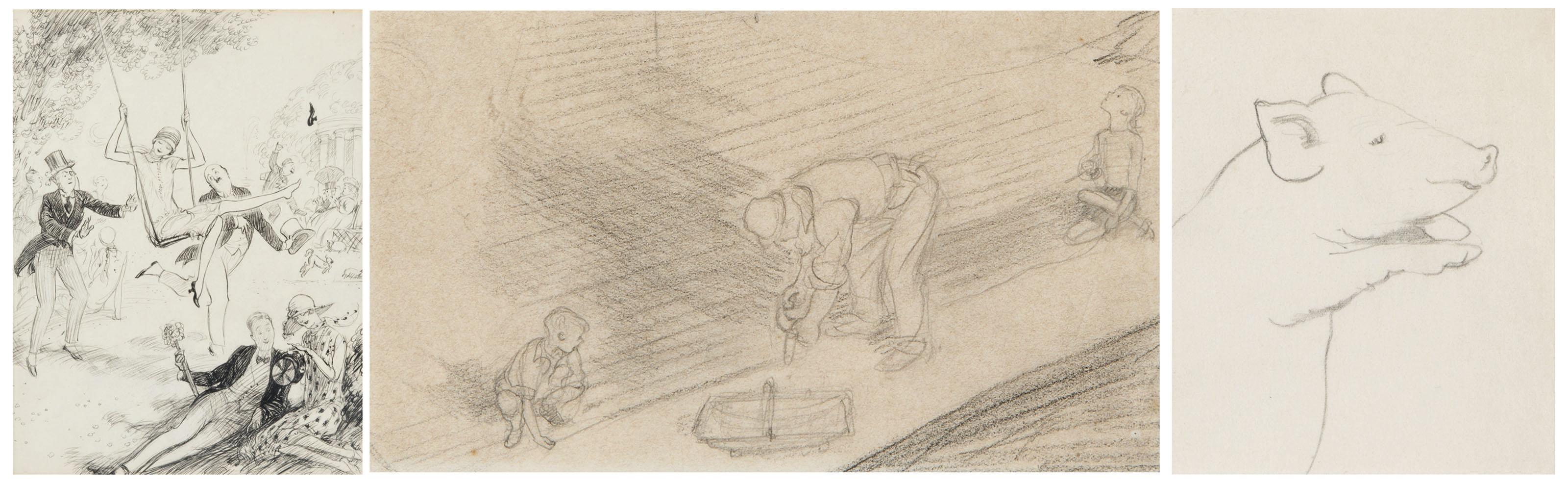 Ernest Howard Shepard, O.B.E., M.C. - Fragonading in the Park (i); Helping the gardener (ii); Study of a pig (iii)