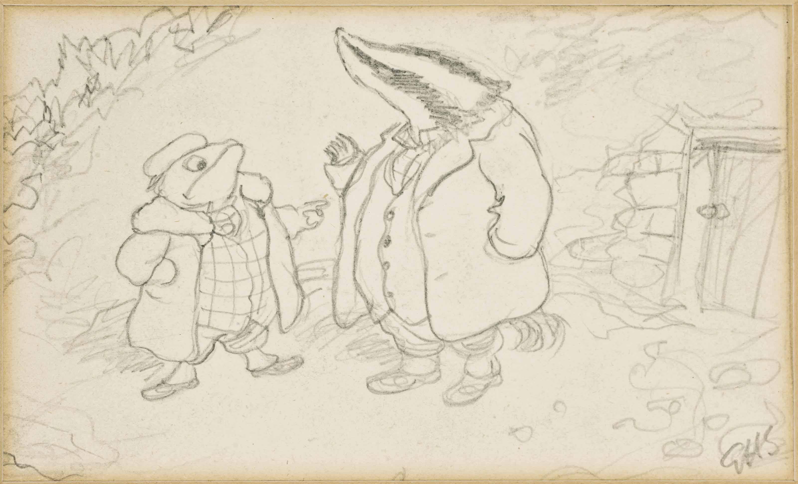 Ernest Howard Shepard - Preliminary cover design for The Wind in the Willows, Kenneth Grahame, 1959 edition.