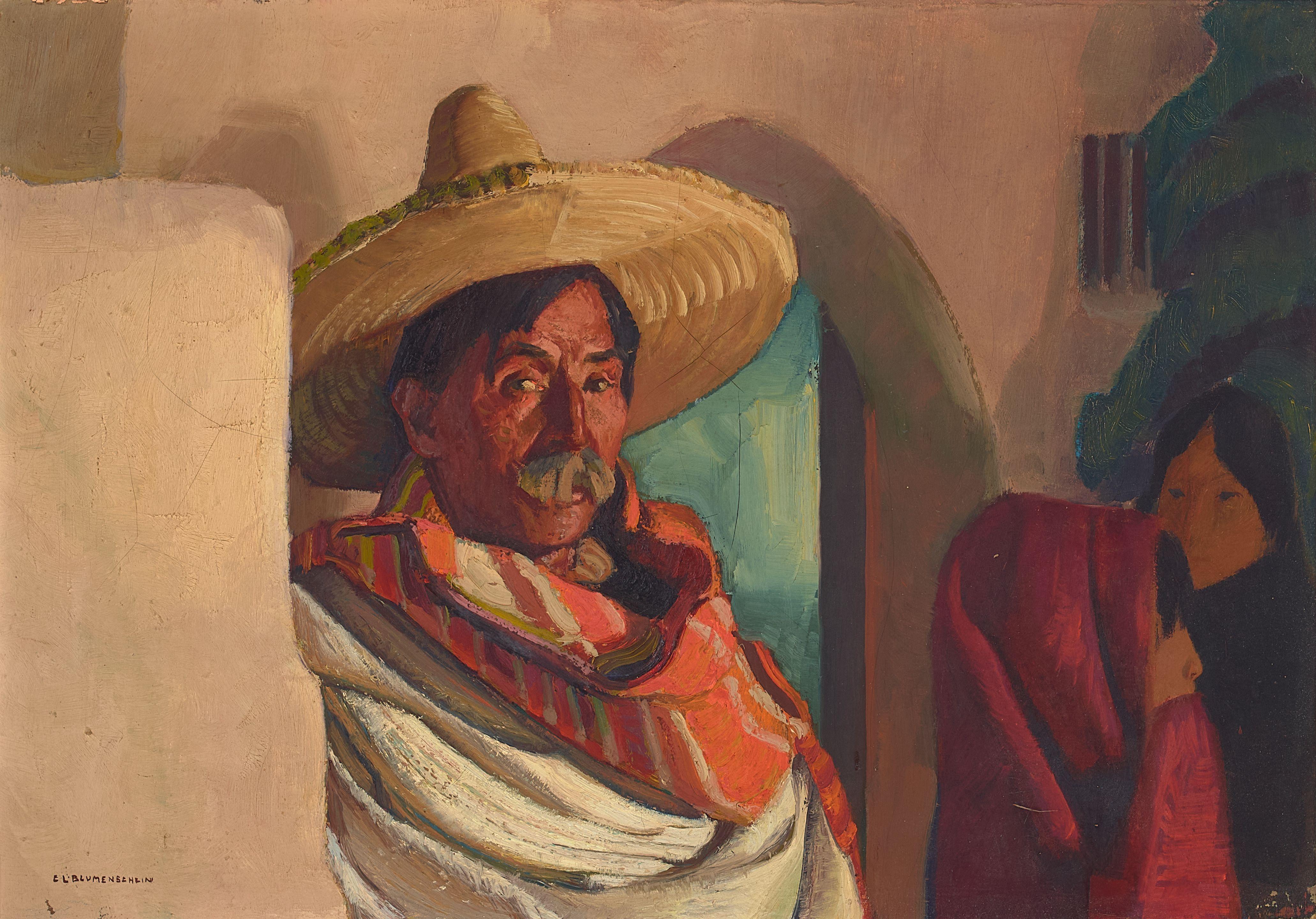 Ernest Leonard Blumenschein - Mexican in Doorway 14 x 20 in. framed 20 x 26 in.