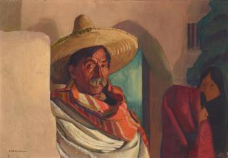 Ernest Leonard Blumenschein - Mexican in Doorway 14 x 20 in. framed 20 x 26 in.