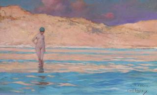 Ernest-Louis Lessieux - A Young Beauty Paddling By The Dunes, The Ile D\' Oléron
