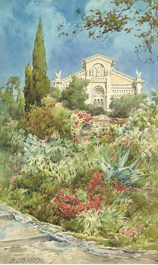 Ernest-Louis Lessieux - Exotic blooms by the church steps; and A bridge above a viaduct over a Mediterranean gorge