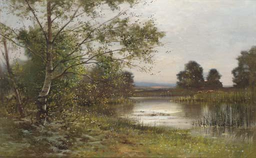 Ernest Parton, R.O.I. - Cattle watering in a sunlit lake