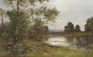 Ernest Parton, R.O.I. - Cattle watering in a sunlit lake