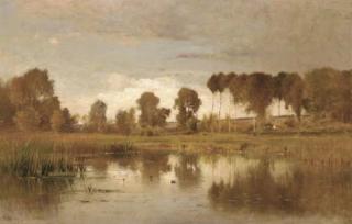 Ernest Parton - Landscape with Pond and Poplars