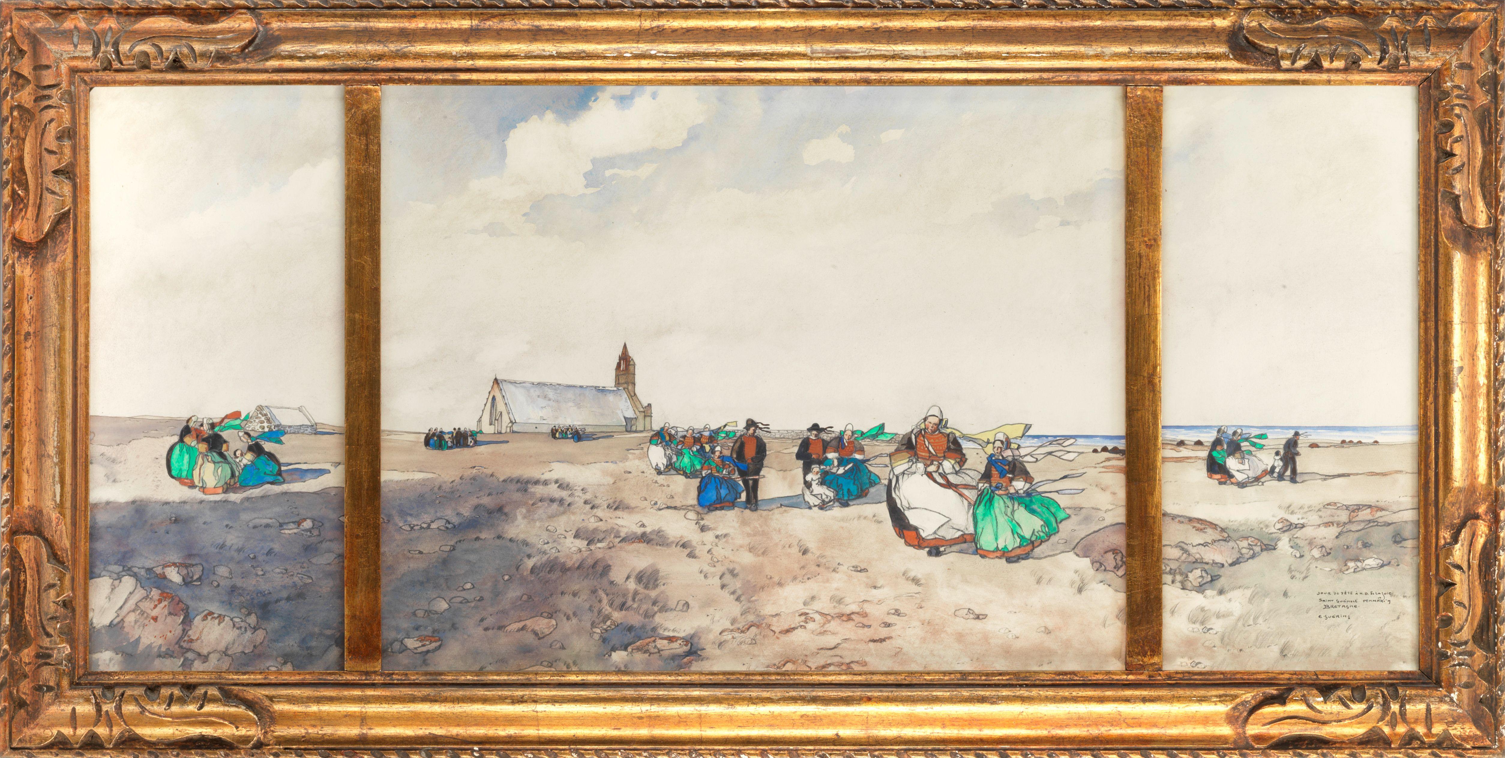Ernest Pierre Guérin - Jour de fête à Notre Dame de la Joie the central panel 50.5 x 63.2cm (19 7/8 x 24 7/8in), the two side panels 50.5 x 22.6cm (19 7/8 x 8 7/8in) (framed as triptych).