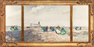 Ernest Pierre Guérin - Jour de fête à Notre Dame de la Joie the central panel 50.5 x 63.2cm (19 7/8 x 24 7/8in), the two side panels 50.5 x 22.6cm (19 7/8 x 8 7/8in) (framed as triptych).