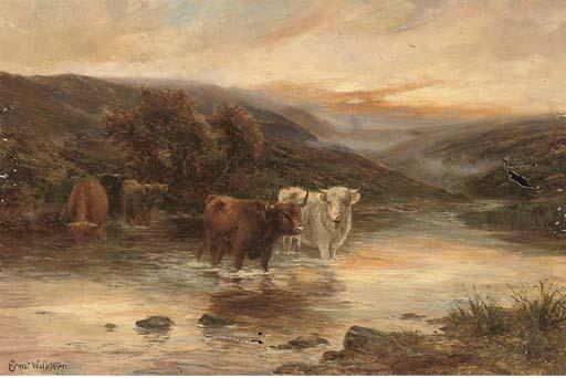 Ernest Walbourn - Highland Cattle Watering In A River Landscape