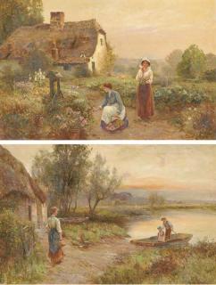 Ernest Walbourn - Home before dark; and Flower pickers in a cottage garden