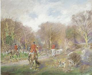 Ernest William Aldworth - Setting off; Through the gate; On the scent; In full gallop; Over the hedge; and Into the wood