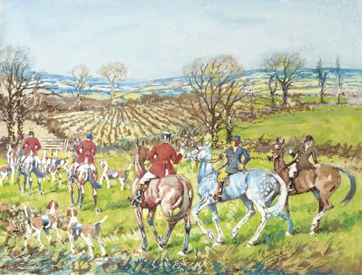 Ernest William Aldworth - The meet; Moving off; In full gallop; Catching their breath; Did he go that way?; Losing the scent; and Setting off