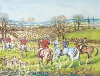 Ernest William Aldworth - The meet; Moving off; In full gallop; Catching their breath; Did he go that way?; Losing the scent; and Setting off