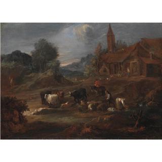 Ernesto Daret - Paesaggio Con Contadini, Armenti E Un Casolare