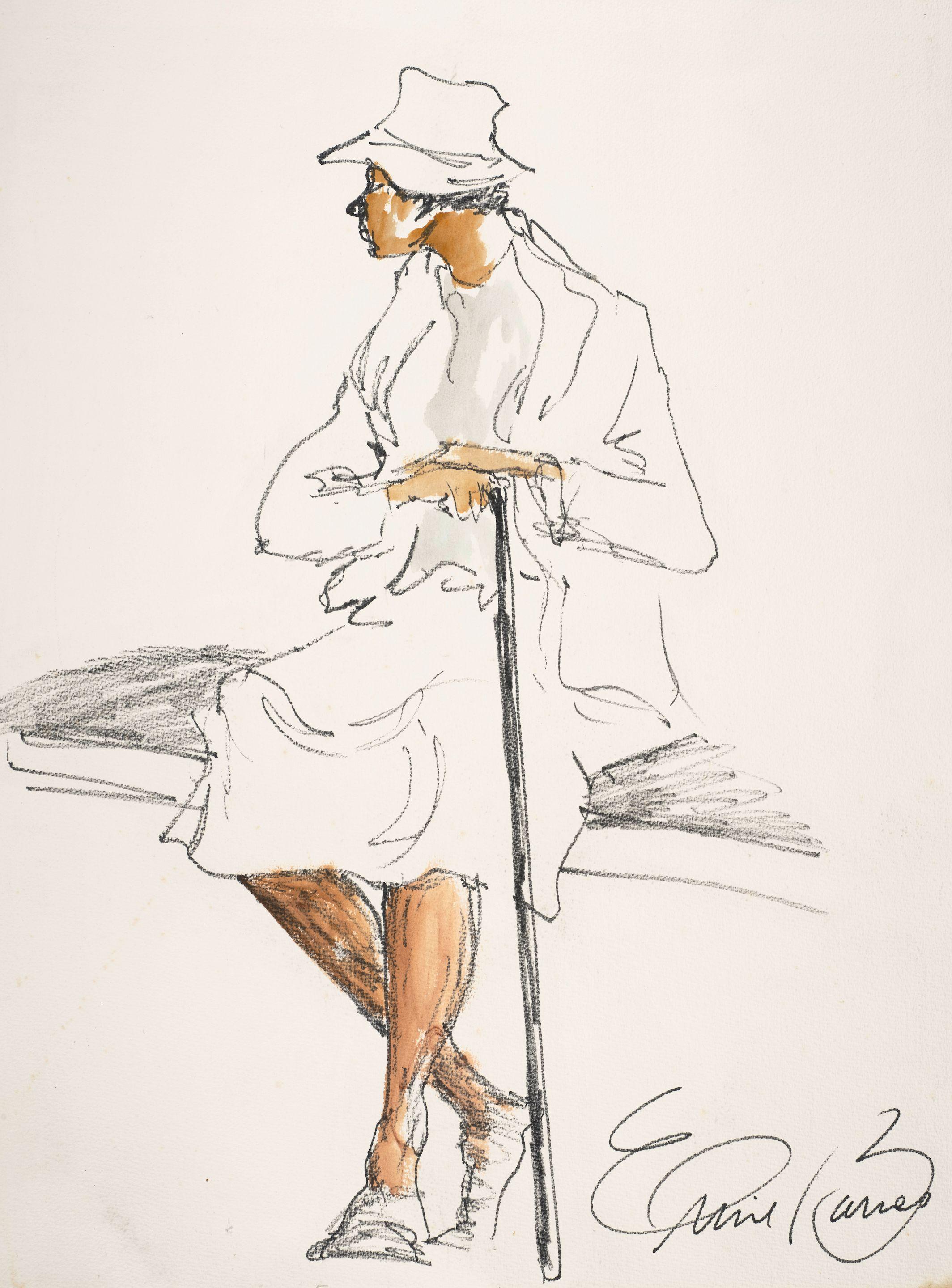 Ernie Barnes - Study of Woman Sitting on Bench with Cane