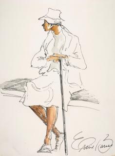 Ernie Barnes - Study of Woman Sitting on Bench with Cane