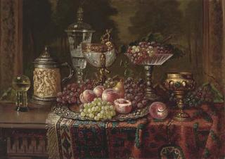 Ernst Czernotzky - A salver of fruit and various vessels on a draped table