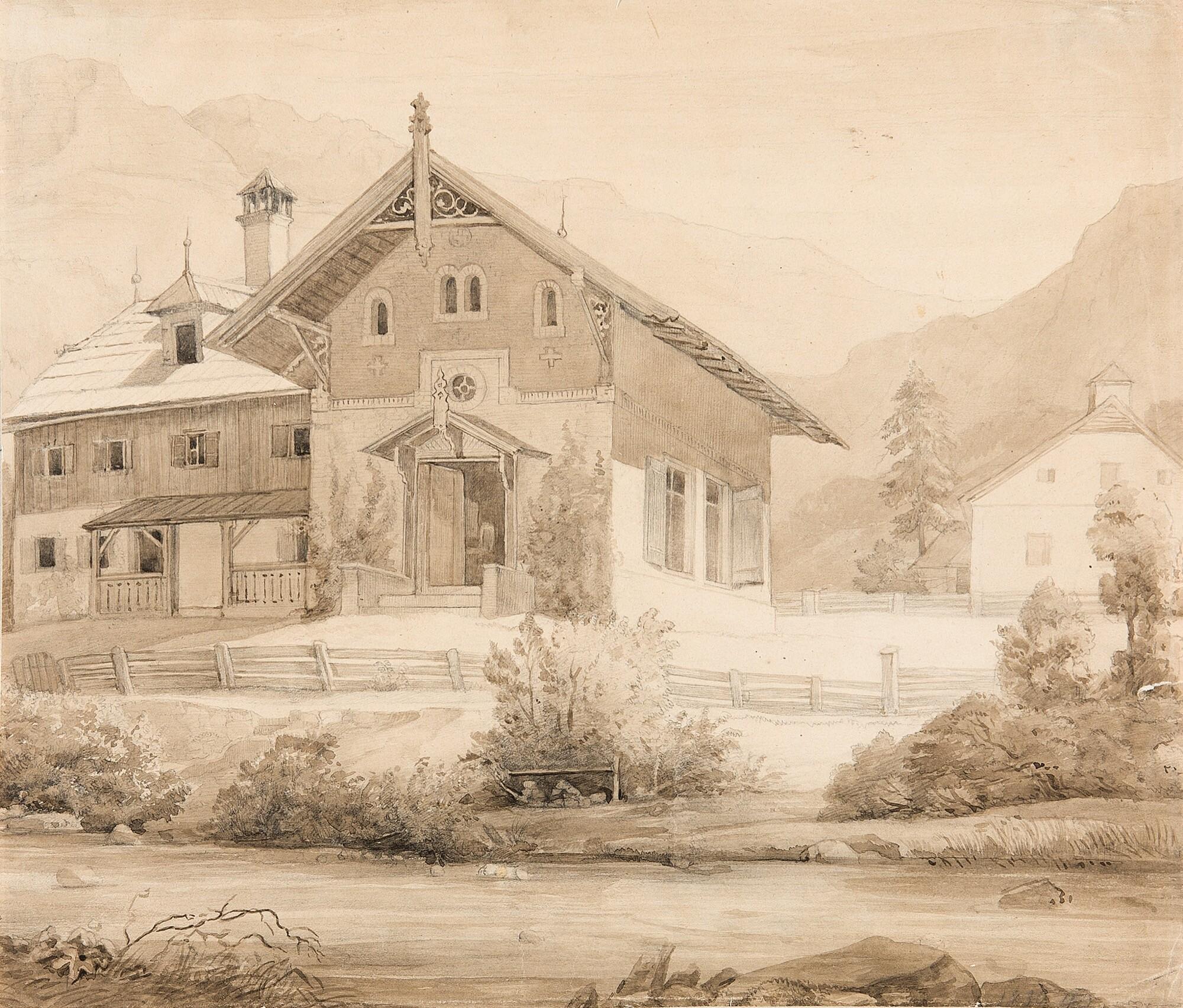 Ernst Ferdinand Oehme - Bauernhaus mit geschnitzem Ziergiebel.