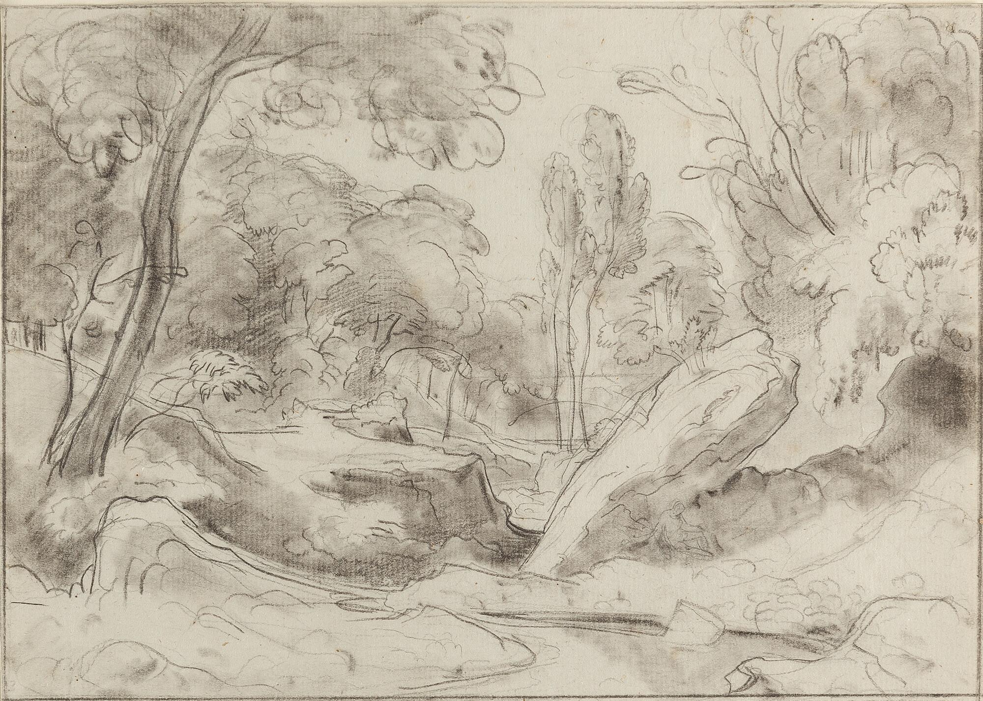 Ernst Fries - Baumbestandenes Felsental mit Bach. Verso: Gitarrenspieler.