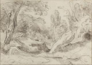 Ernst Fries - Baumbestandenes Felsental mit Bach. Verso: Gitarrenspieler.