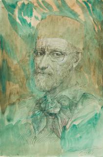 Ernst Fuchs - Selbstporträt mit Halstuch.