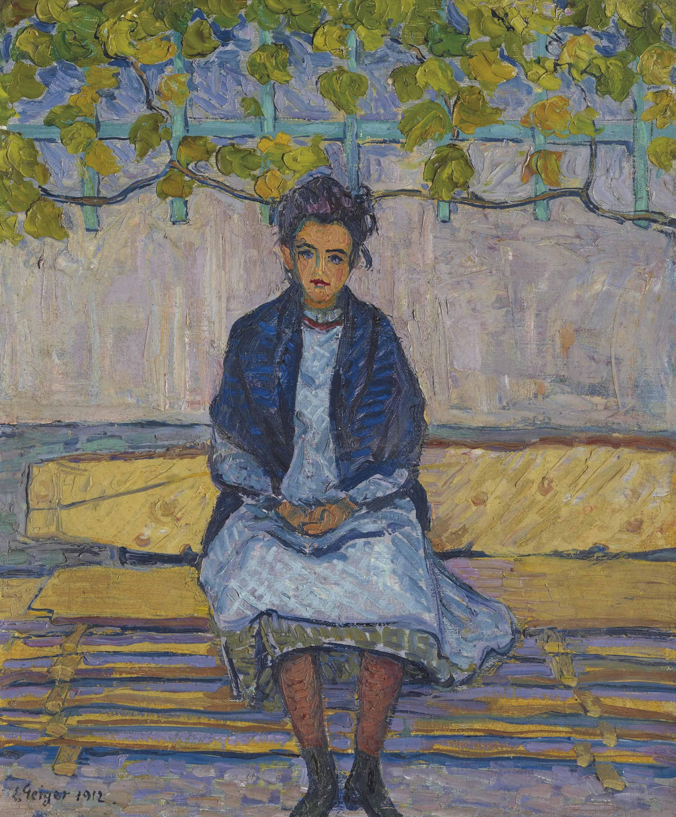 Ernst Geiger - Helen Mürset auf Holzbrettern sitzend, 1912