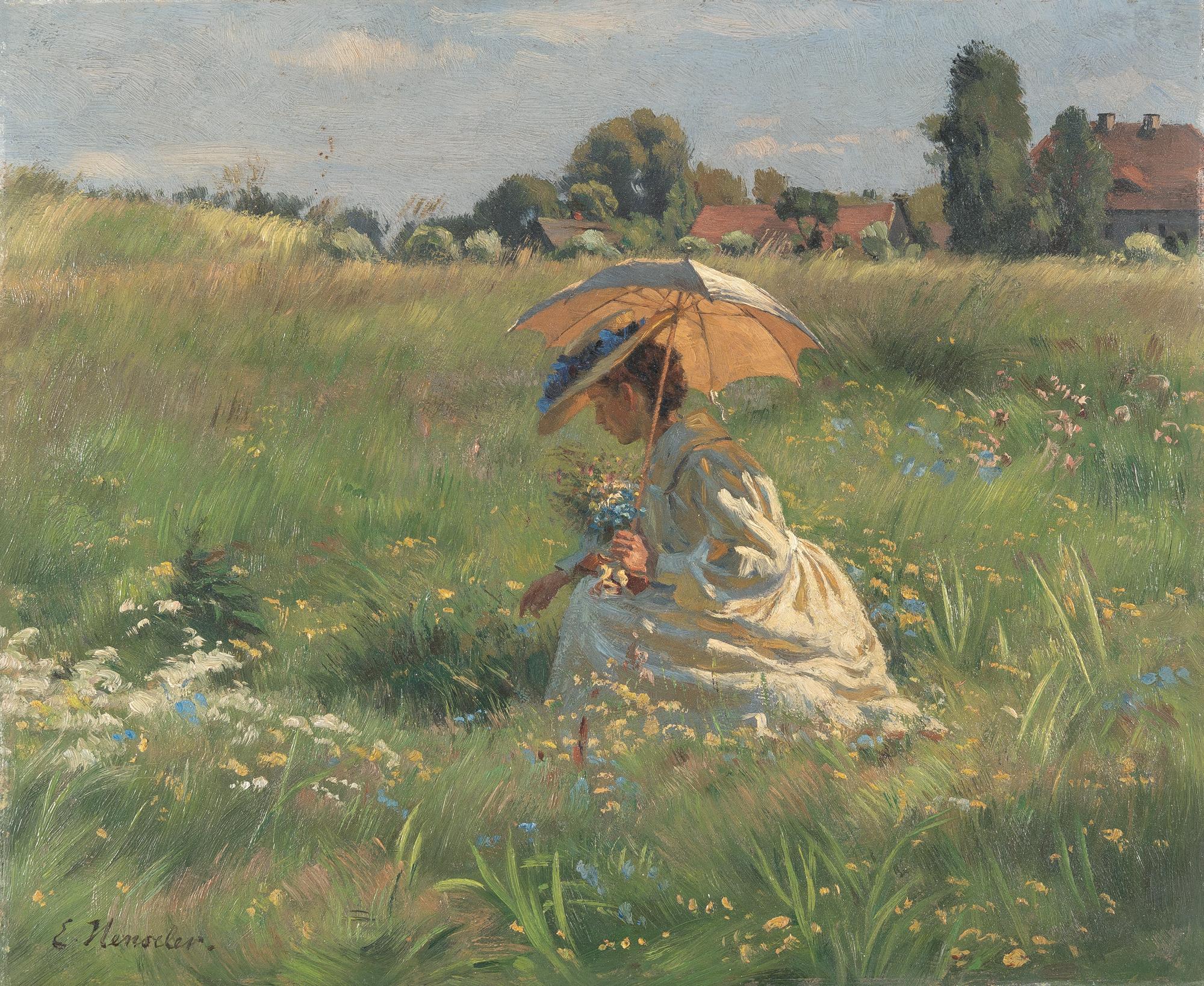 Ernst Henseler - Blumen pflückende Frau mit Sonnenschirm (Vergissmeinnicht)