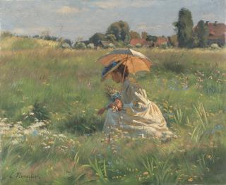 Ernst Henseler - Blumen pflückende Frau mit Sonnenschirm (Vergissmeinnicht)