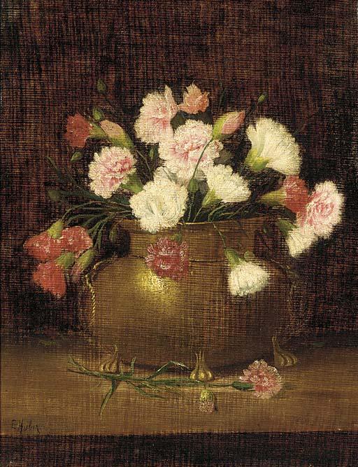 Ernst Huber - Mixed carnations in a brass ewer