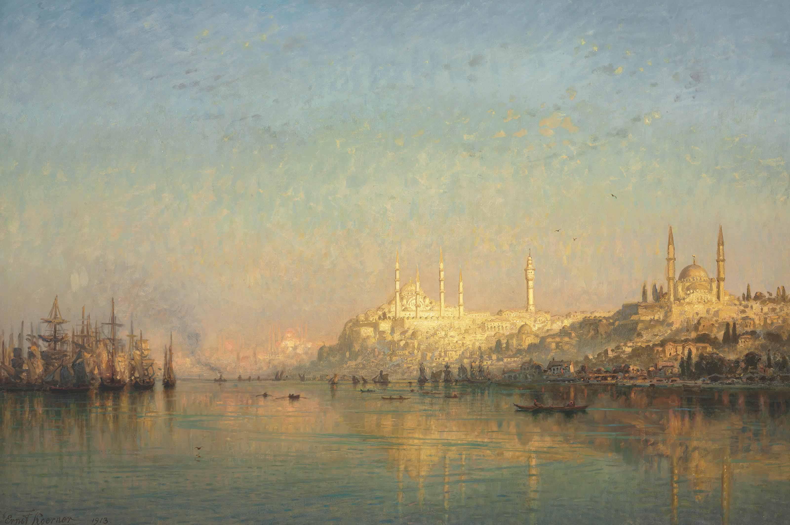 Ernst Karl Eugen Koerner - View Across the Golden Horn, Hagia Sophia and the Blue Mosque beyond, Constantinople