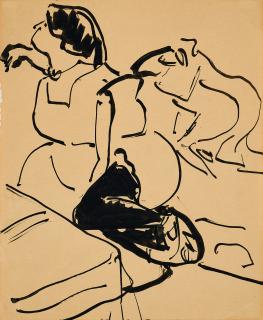 Ernst Ludwig Kirchner - Frauenporträt, halbseitlich den Kopf in der rechten Hand gestützt (Konzert-Zuhörende).