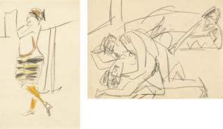 Ernst Ludwig Kirchner - Sich Umarmendes Paar Stehende Figur Mit Gestreifter Hose Portrait Einer Blonden Frau