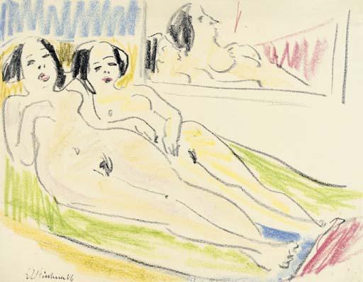 Ernst Ludwig Kirchner - Zwei Liegende Mackte Mädchen (Fränzi Und Marcella Auf Dem Sofa)
