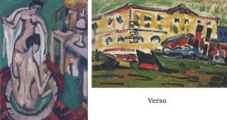 Ernst Ludwig Kirchner - Zwei nackte Mädchen in flacher Wanne (recto); Elbkähne vor gelben Haüsern, Dresden (verso)