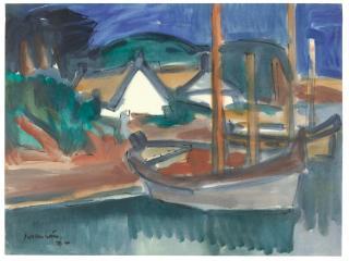 Ernst Mollenhauer - Haffstrand mit Fischerbooten.