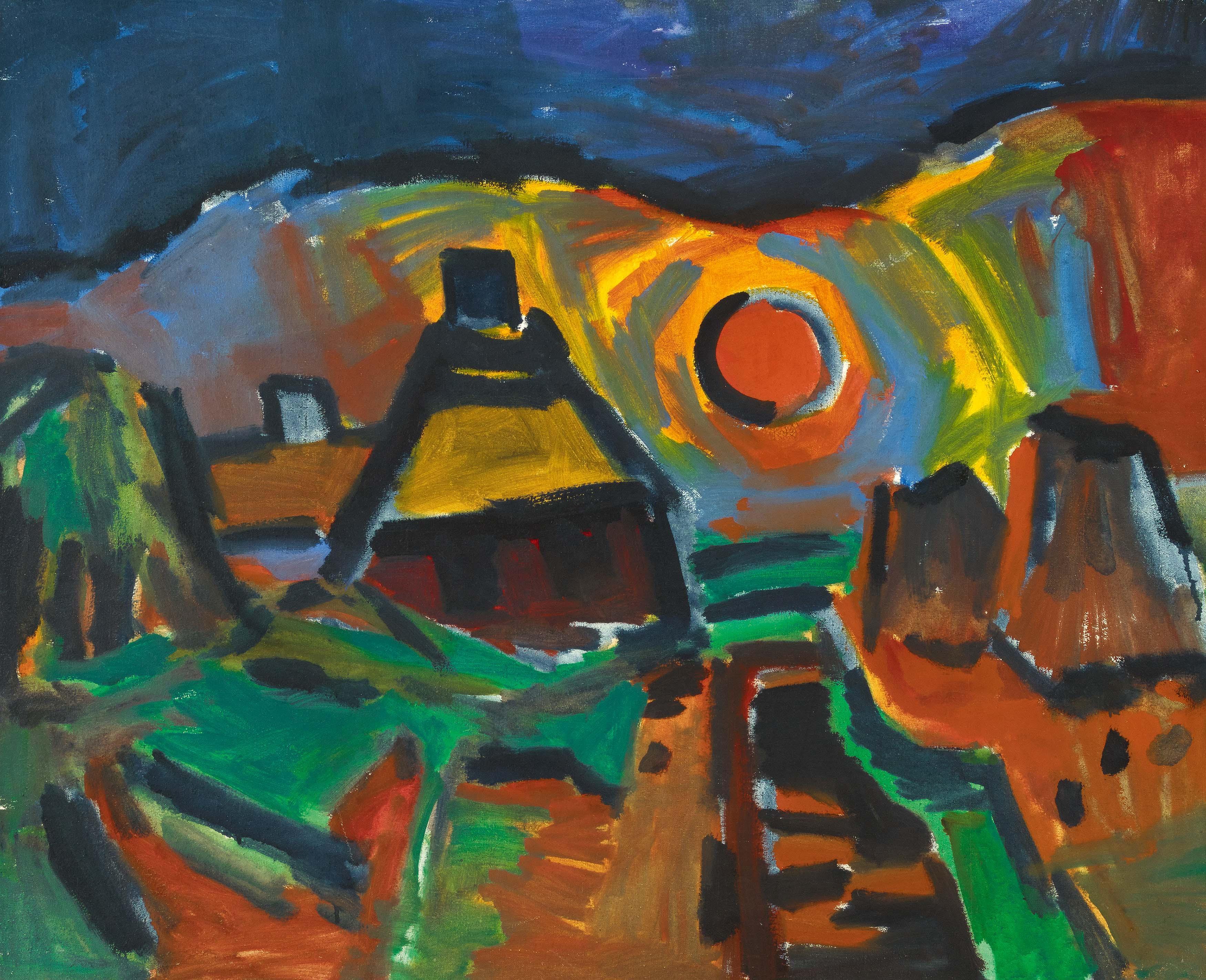 Ernst Mollenhauer - Rote Sonne über dem Dorf.