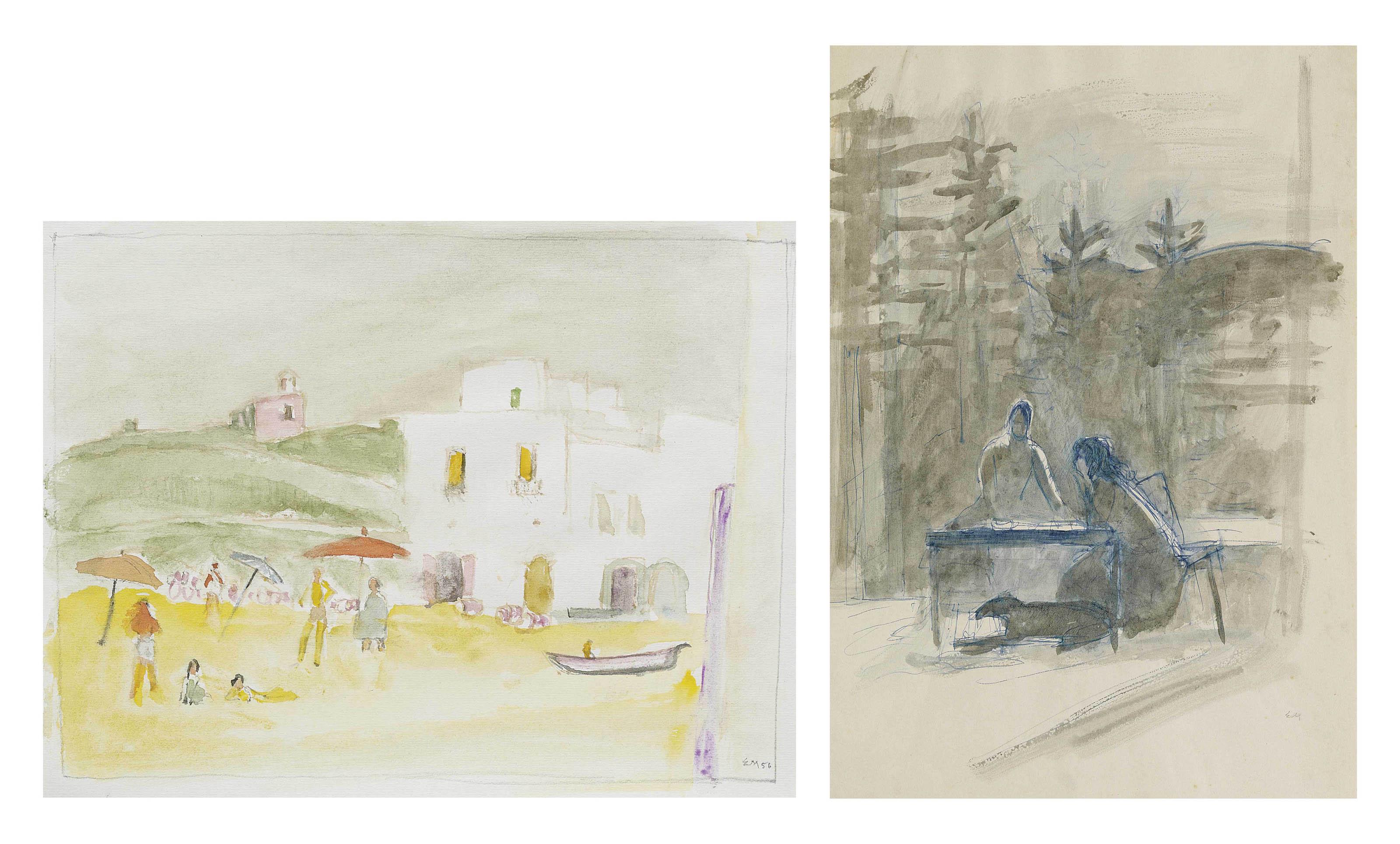 Ernst Morgenthaler - Sammelnummer von zwei Werken: Forio, Ischia, 1956  Auf der Terrasse (rückseitig: Frau auf Bank)