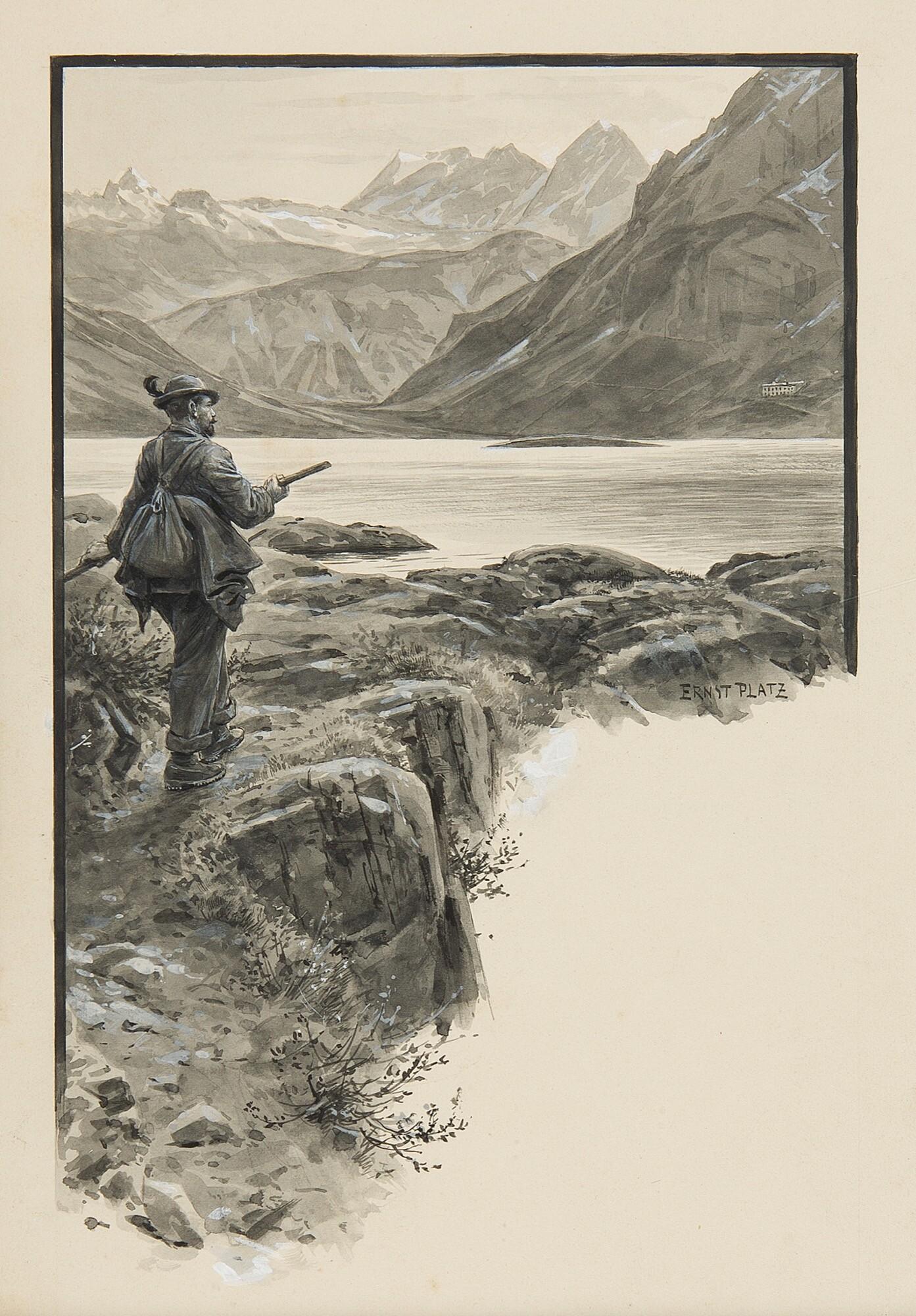 Ernst Platz - Ein Jäger am Lünersee mit Blick auf die Schesaplana.