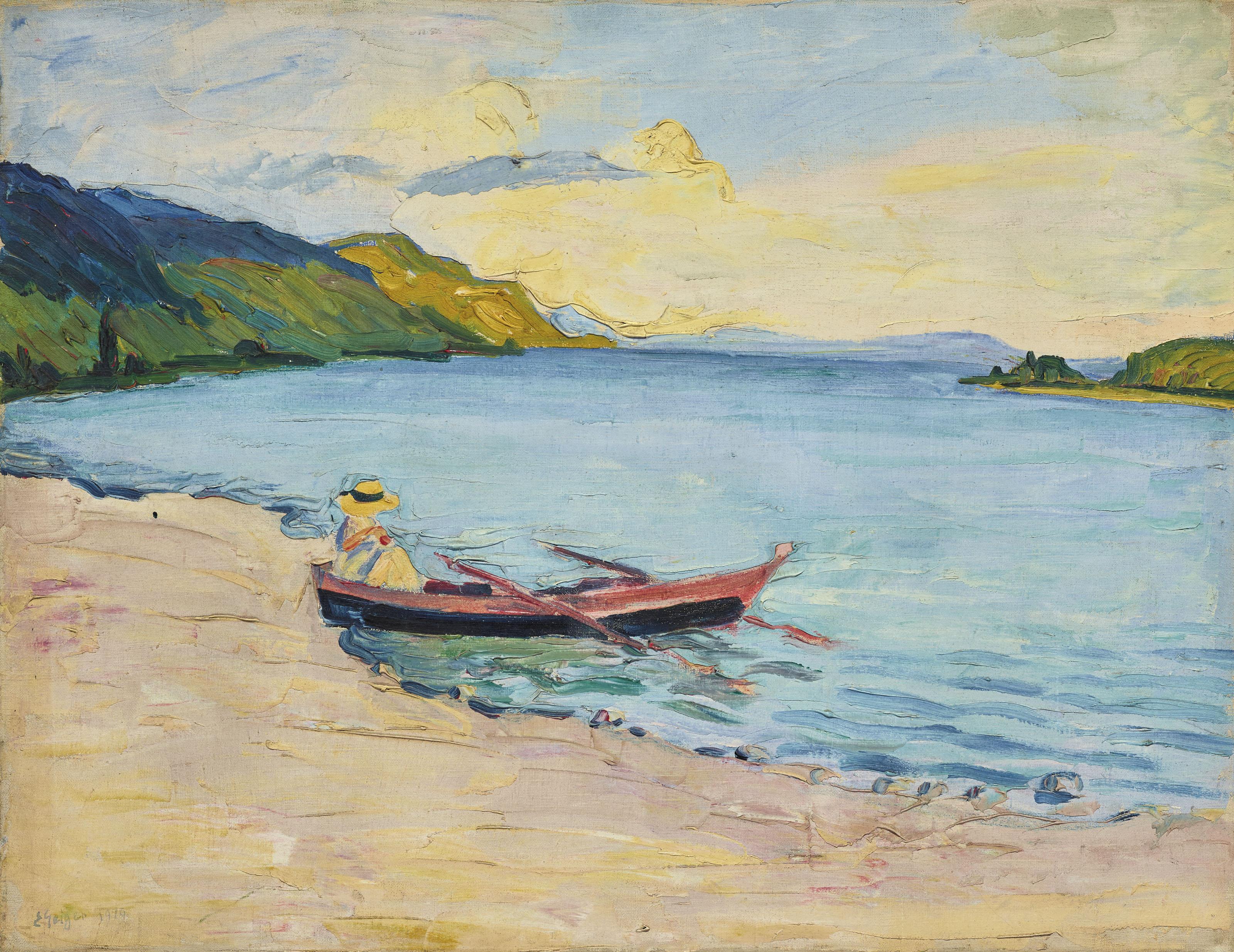 Ernst Samuel Geiger - Maria Geiger im Ruderboot, Bielersee mit Blick nach Biel, 1919