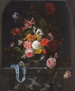 Ernst Stuven - A Parrot Tulip, An Iris, Poppies, Roses And Other Flowers In A Glass Vase With A Pocket-Watch And Two Butterflies In A Niche With A Classical Sculpted Low Relief