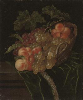 Ernst Stuven - A pomegranate, apricots, grapes and peaches in a wicker basket on a partly-draped stone ledge