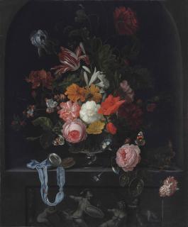 Ernst Stuven - A  Semper Augustus  tulip, an iris, peonies, cherry blossoms, lilies, roses and other flowers in a glass vase, with butterflies and an open pocket watch on a blue ribbon, in a niche above a classical sculpted low relief