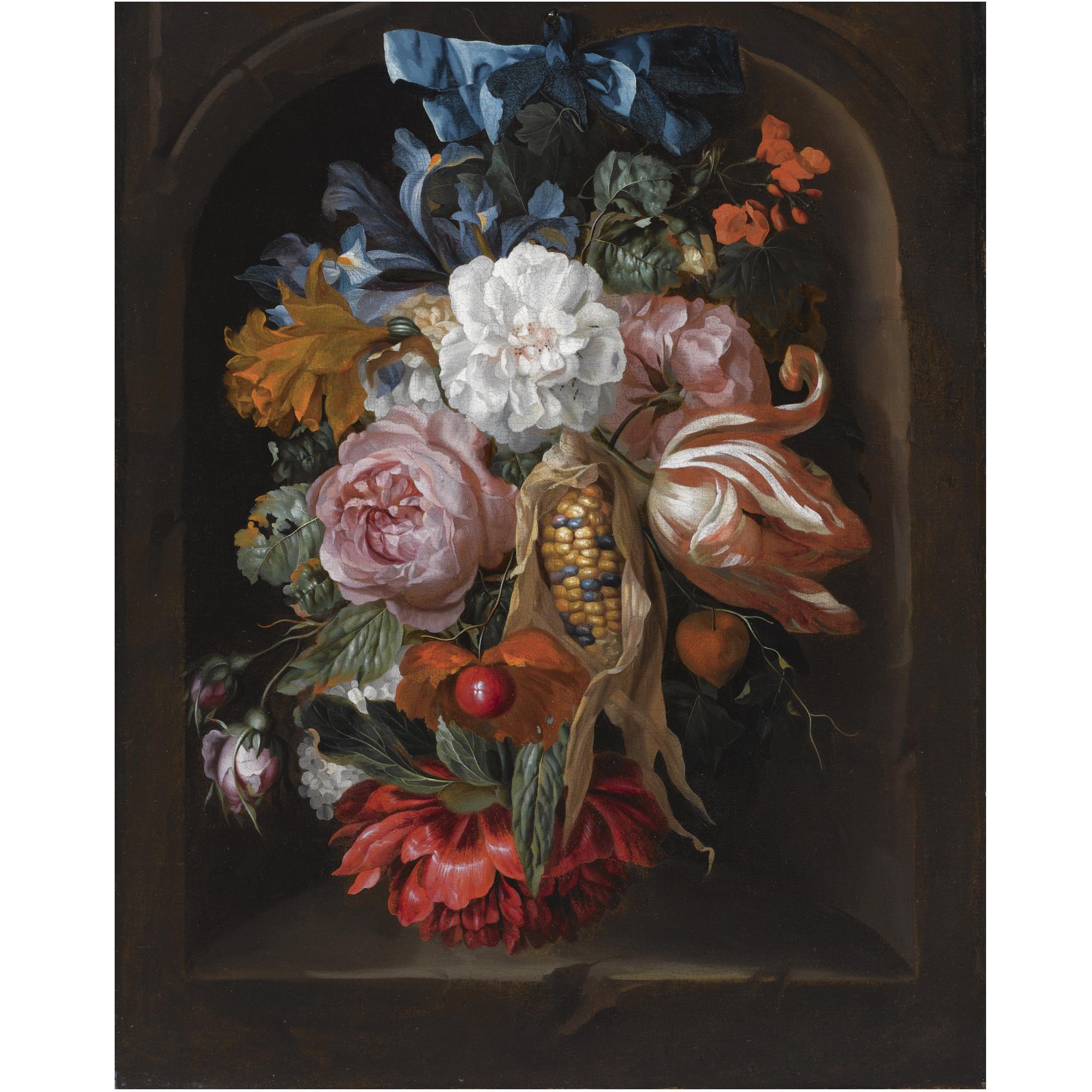 Ernst Stuven - A Still Life Of A Corncob, Roses, A Parrot Tulip, Irises, And Other Flowers Suspended From A Blue Ribbon, In A Stone Niche