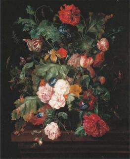 Ernst Stuven - Roses, a lily and convulvulus in a glass vase, with two red admiral butterflies and a caterpillar, on a wooden ledge