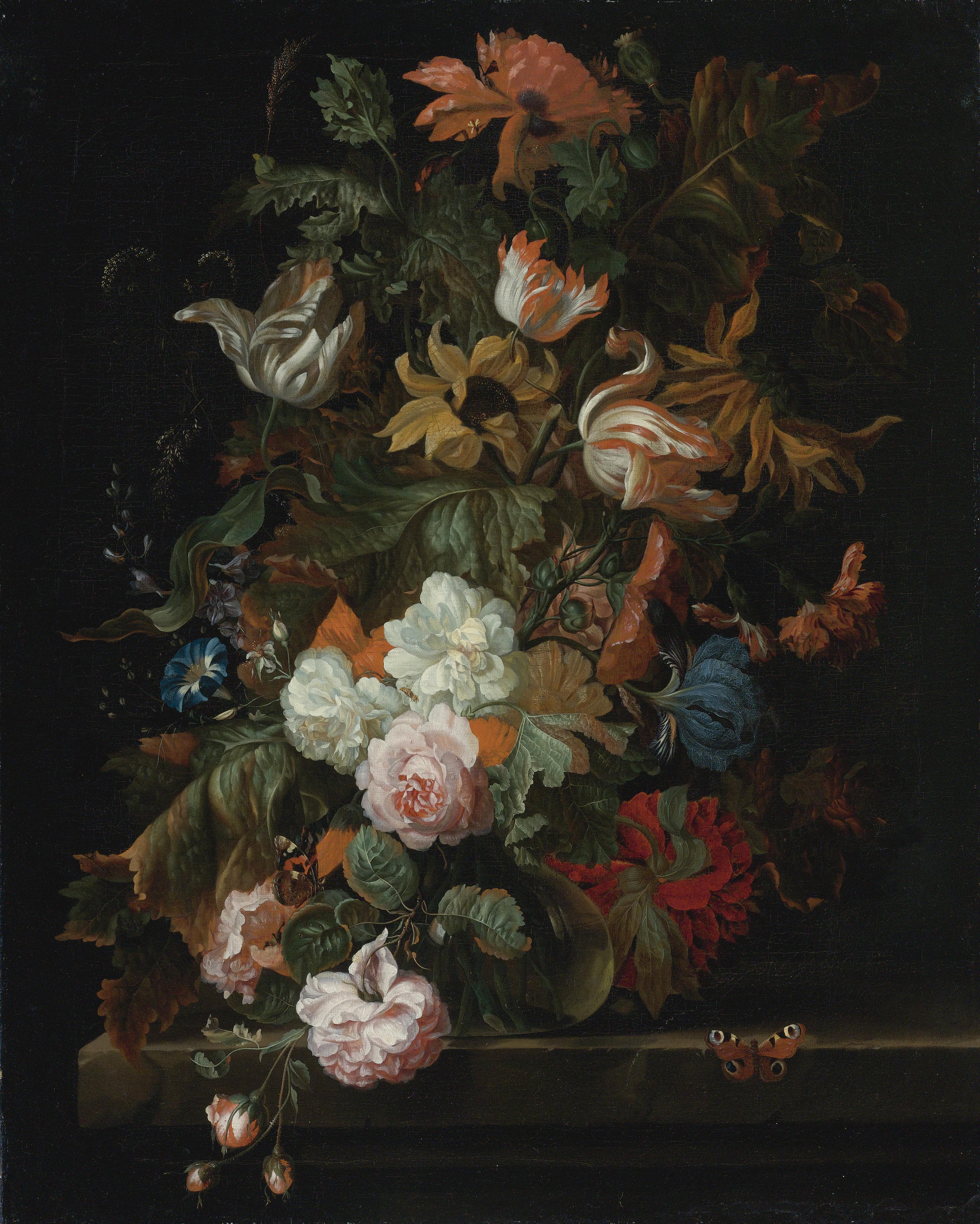 Ernst Stuven - Still Life Of Flowers In A Glass Vase With A Butterfly, All On A Ledge