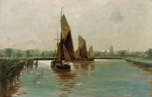 Erwin Carl Wilhelm Gunther - Sailing in a riverlandscape